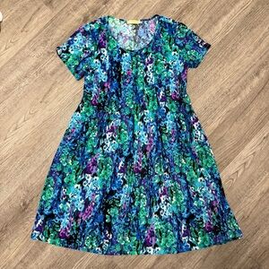 LA Cera Floral Print Midi Dress Womens 2X Artsy Boho Comfortable Cool Blue Green